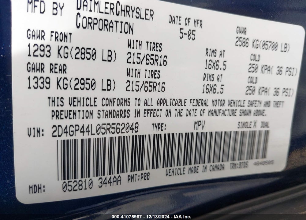2005 DODGE GRAND CARAVAN SXT VIN: 2D4GP44L05R562048