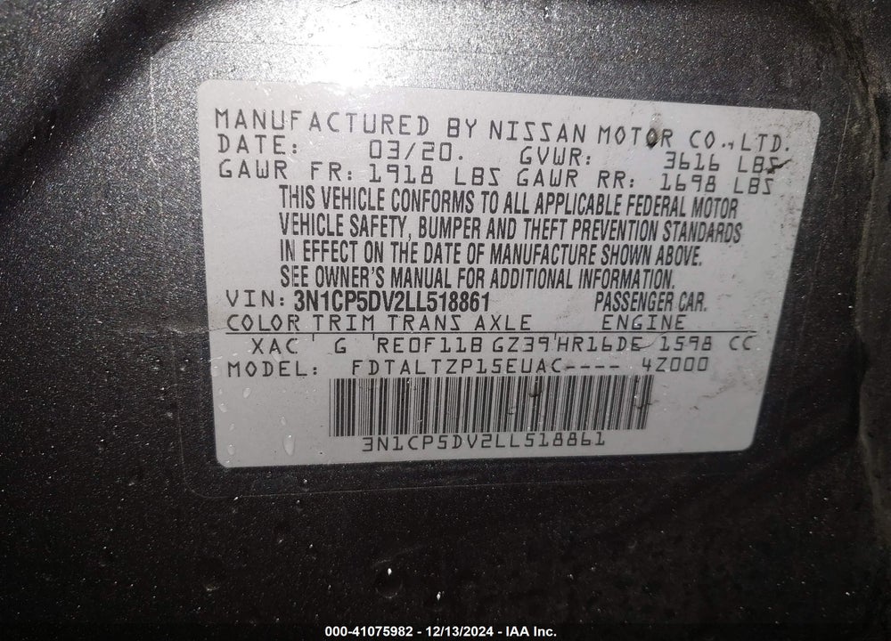 2020 NISSAN KICKS SR XTRONIC CVT VIN: 3N1CP5DV2LL518861