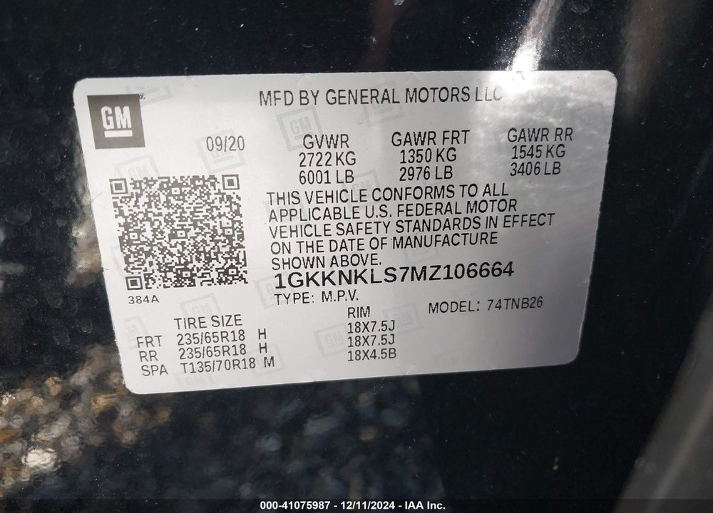 2021 GMC ACADIA FWD SLE VIN: 1GKKNKLS7MZ106664
