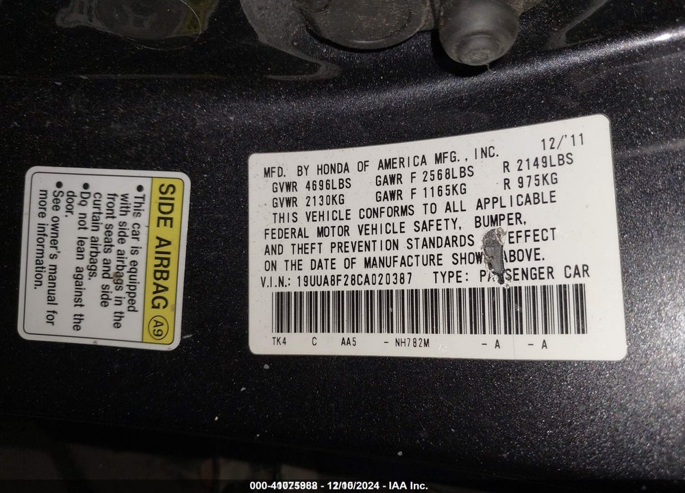 2012 ACURA TL 3.5 VIN: 19UUA8F28CA020387