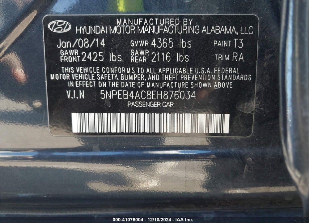 2014 HYUNDAI SONATA GLS VIN: 5NPEB4AC8EH876034