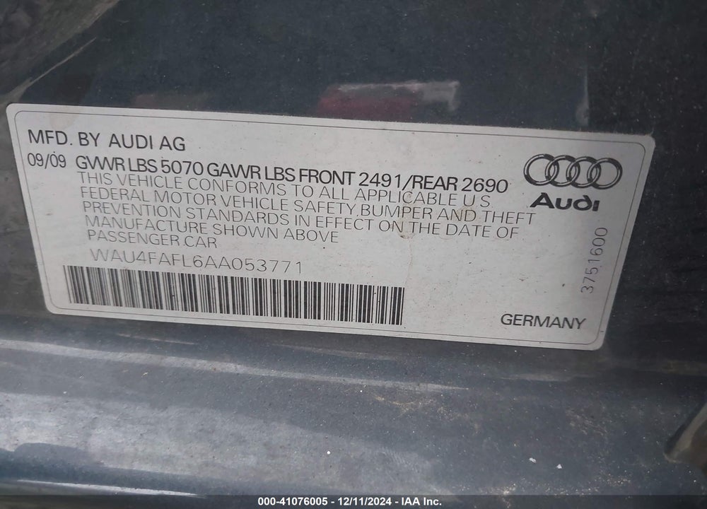 2010 AUDI A4 2.0T PREMIUM VIN: WAU4FAFL6AA053771