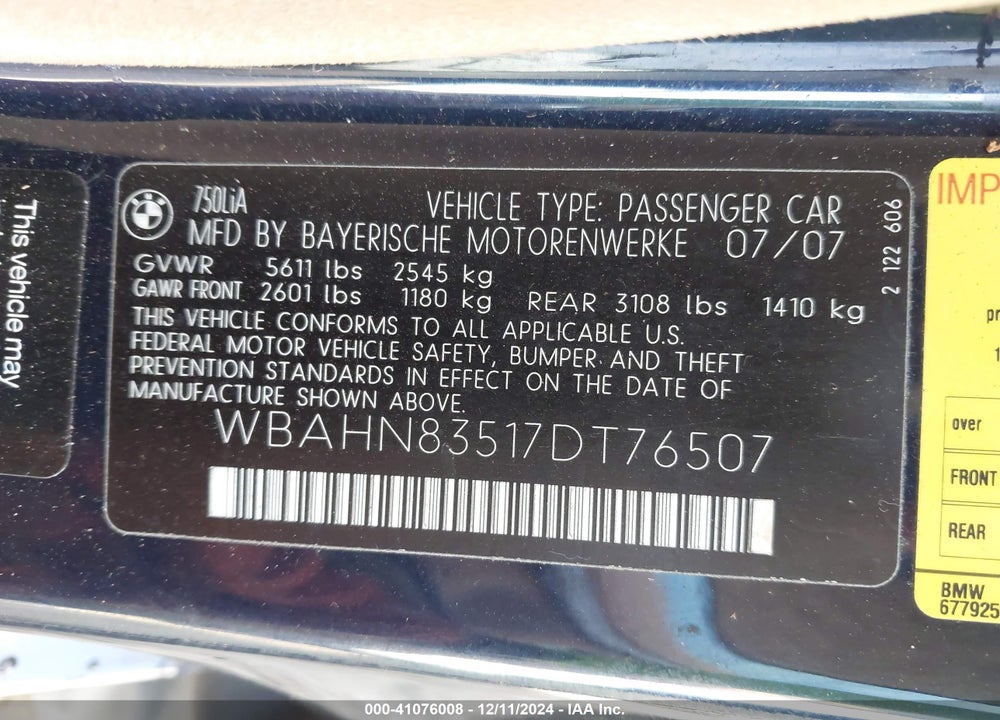 2007 BMW 750LI VIN: WBAHN83517DT76507