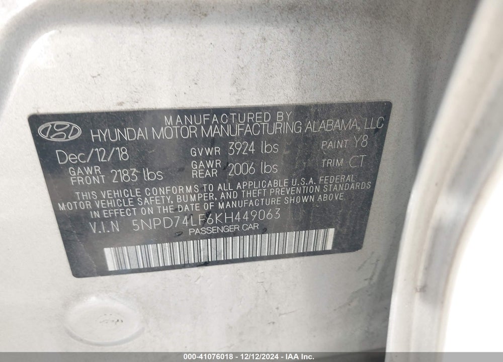 2019 HYUNDAI ELANTRA VIN: 5NPD74LF6KH449063