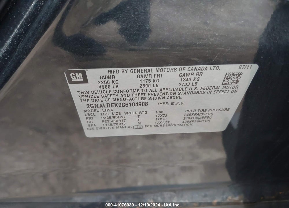 2012 CHEVROLET EQUINOX 1LT VIN: 2GNALDEK0C6104908