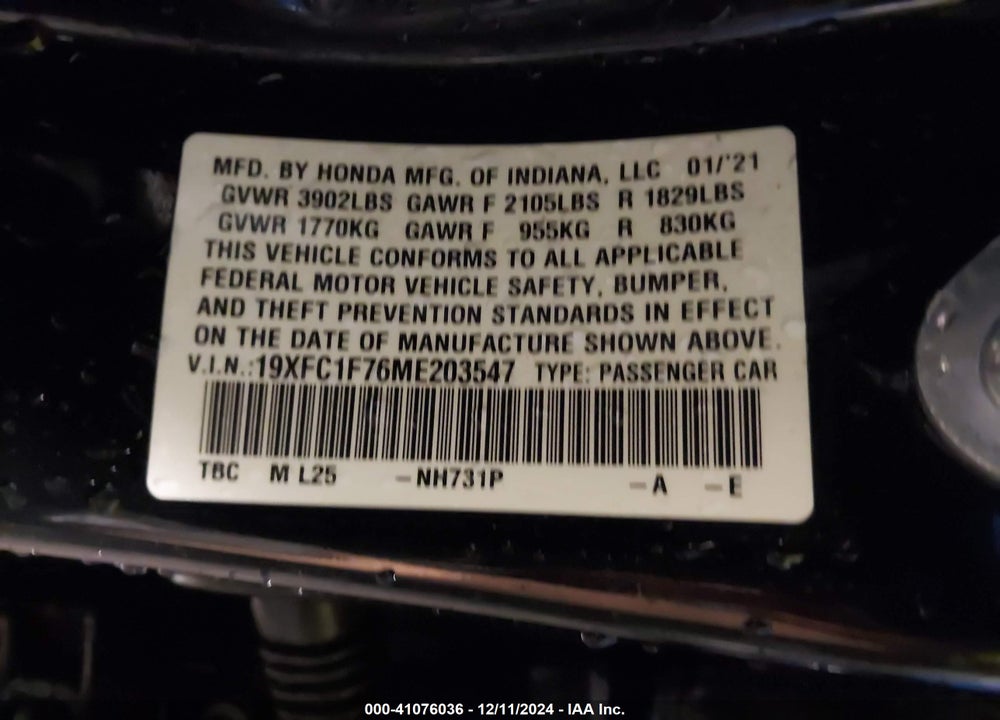2021 HONDA CIVIC VIN: 19XFC1F76ME203547