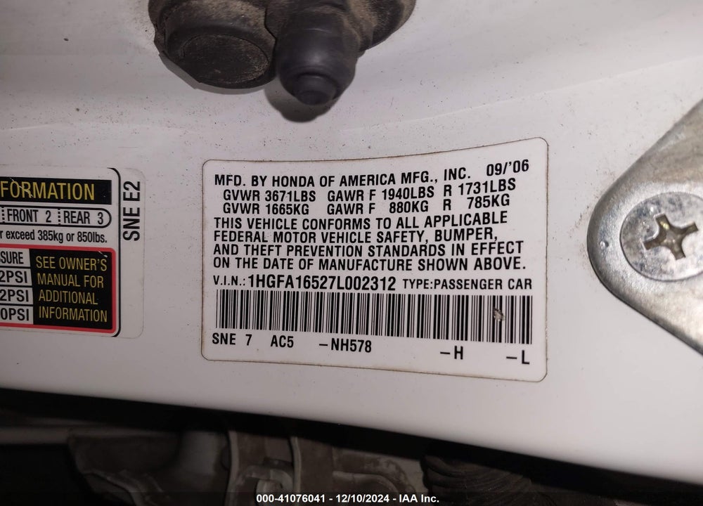 2007 HONDA CIVIC VIN: 1HGFA16527L002312