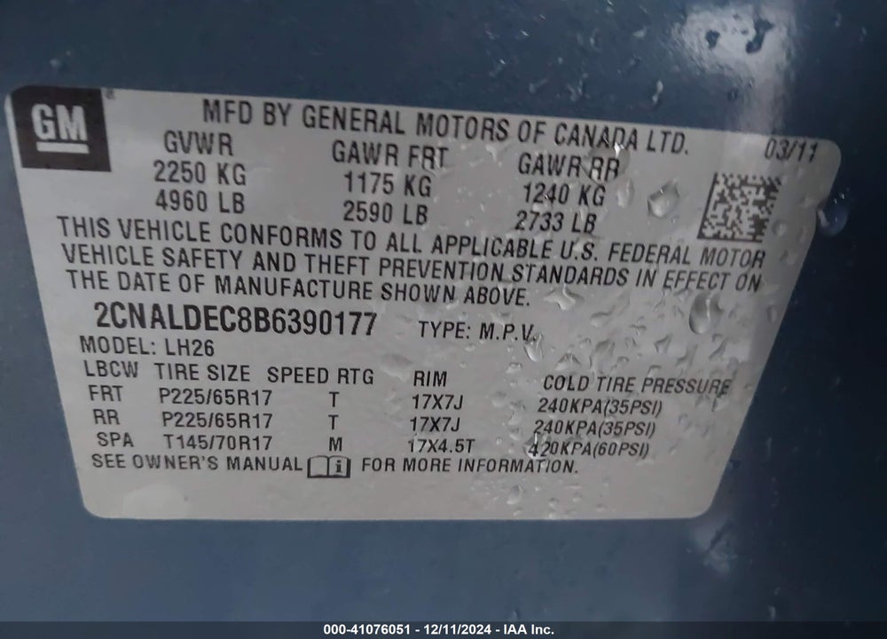 2011 CHEVROLET EQUINOX 1LT VIN: 2CNALDEC8B6390177
