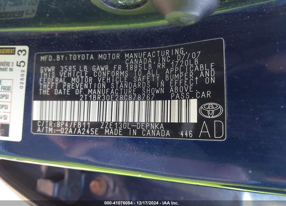 2008 TOYOTA COROLLA LE VIN: 2T1BR30E28C878767