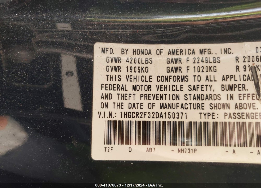 2013 HONDA ACCORD LX VIN: 1HGCR2F32DA150371