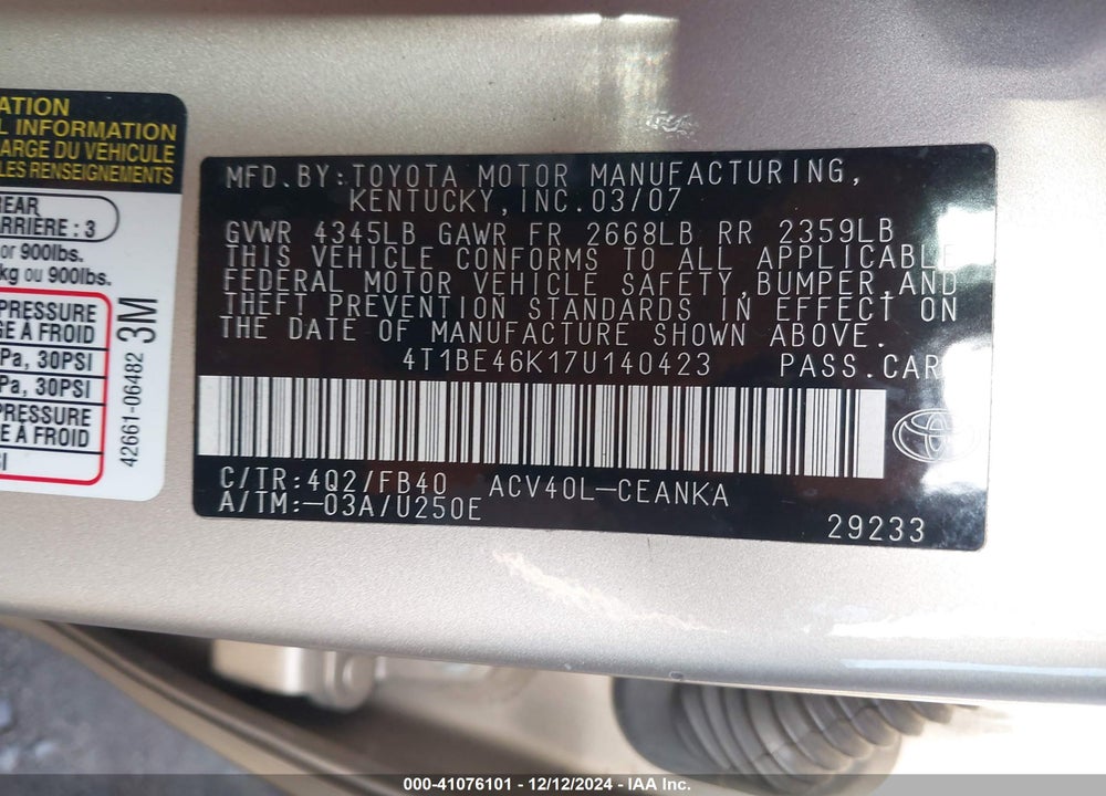 2007 TOYOTA CAMRY LE VIN: 4T1BE46K17U140423