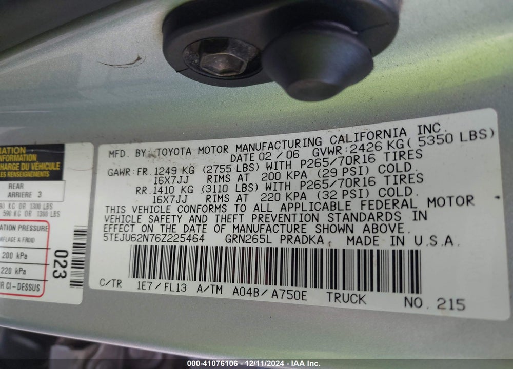 2006 TOYOTA TACOMA DOUBLE CAB PRERUNNER VIN: 5TEJU62N76Z225464
