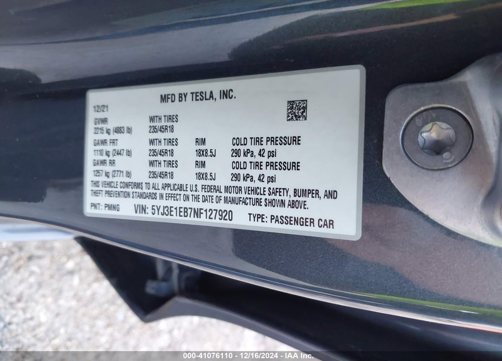 2022 TESLA MODEL 3 VIN: 5YJ3E1EB7NF127920