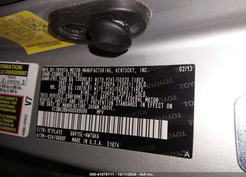 2013 TOYOTA VENZA LIMITED V6 VIN: 4T3BK3BB4DU089088