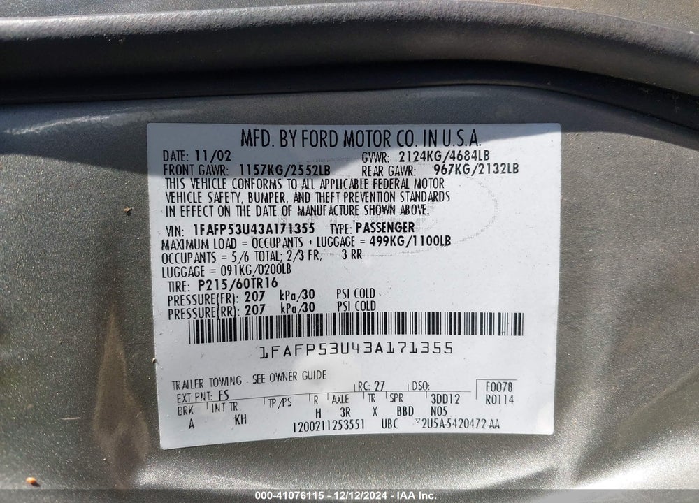 2003 FORD TAURUS SE VIN: 1FAFP53U43A171355