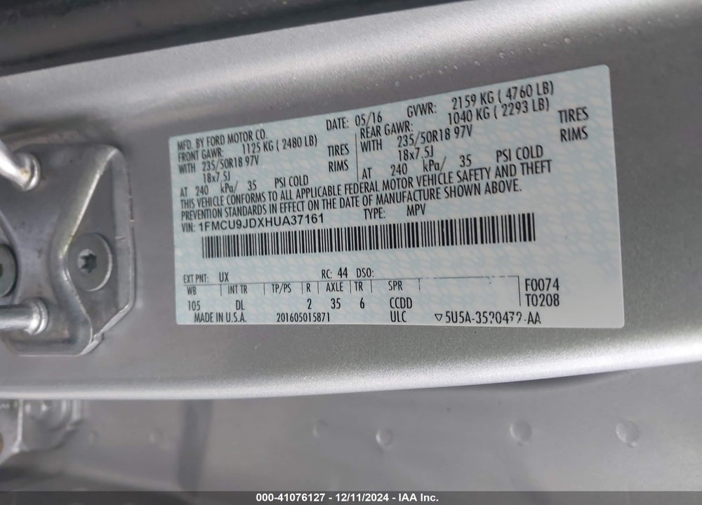 2017 FORD ESCAPE TITANIUM VIN: 1FMCU9JDXHUA37161