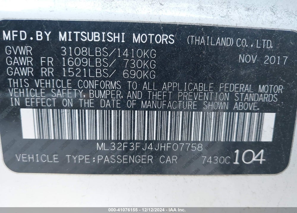 2018 MITSUBISHI MIRAGE G4 VIN: ML32F3FJ4JHF07758