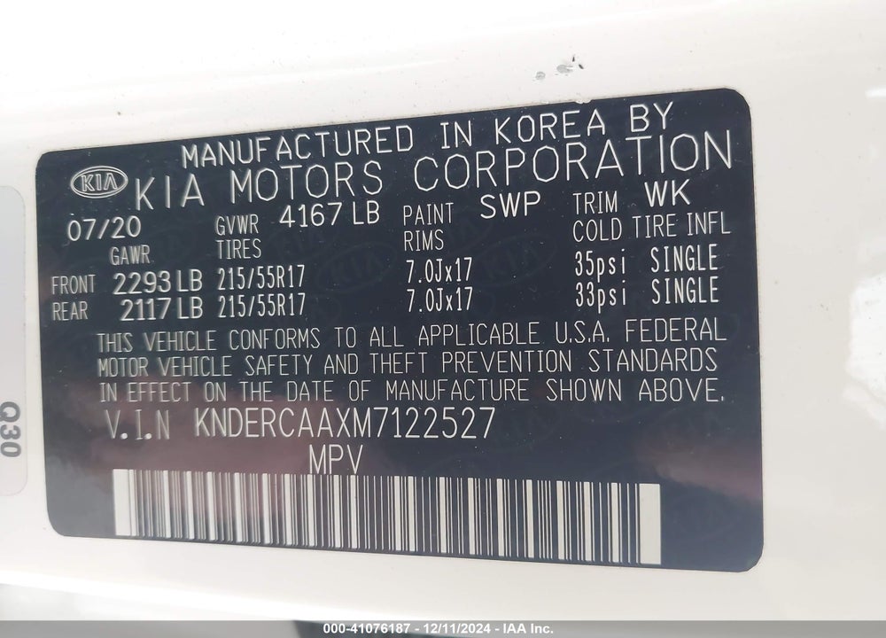 2021 KIA SELTOS EX VIN: KNDERCAAXM7122527