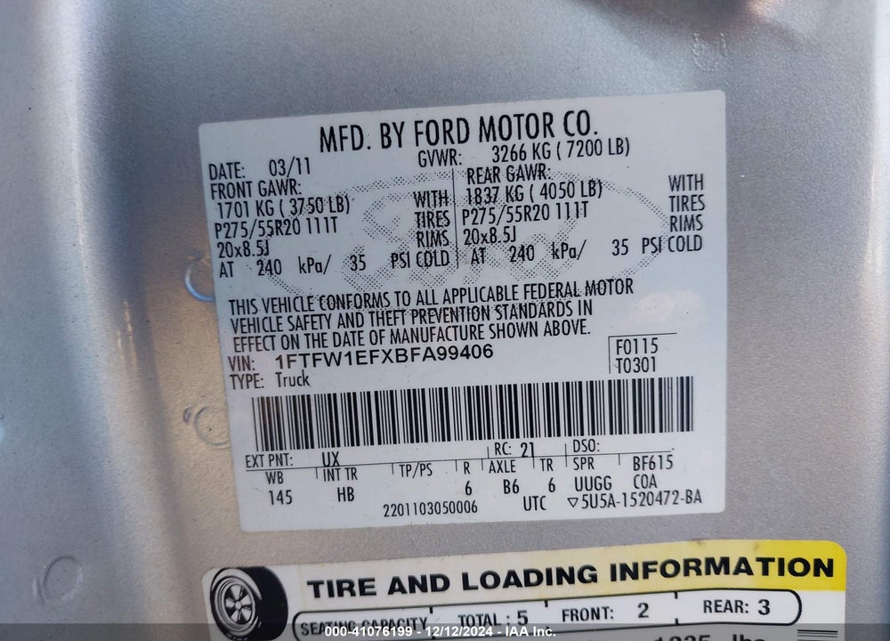 2011 FORD F150 VIN: 1FTFW1EFXBFA99406