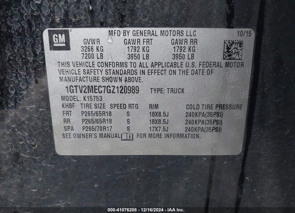 2016 GMC SIERRA 1500 SLE VIN: 1GTV2MEC7GZ120989