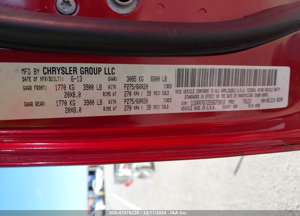 2013 RAM 1500 VIN: 1C6RR7GT2DS675016
