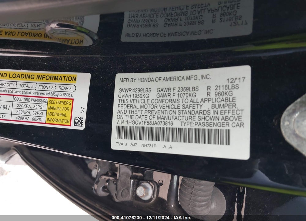2018 HONDA ACCORD EX-L VIN: 1HGCV1F58JA073816