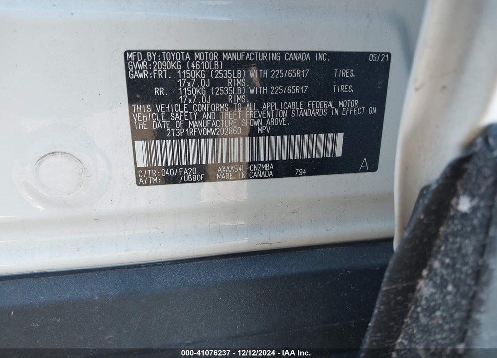 2021 TOYOTA RAV4 XLE VIN: 2T3P1RFV0MW202860