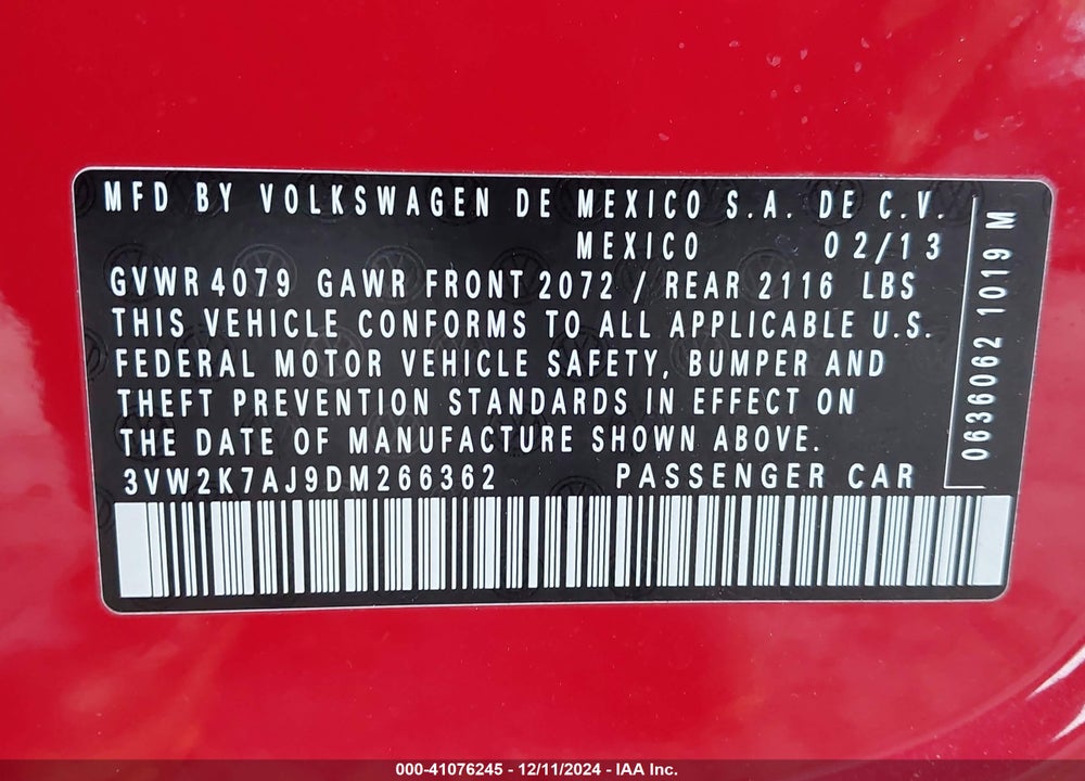 2013 VOLKSWAGEN JETTA 2.0L S VIN: 3VW2K7AJ9DM266362