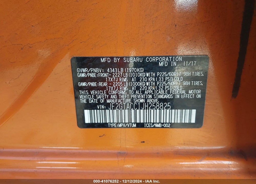 2018 SUBARU CROSSTREK 2.0I PREMIUM VIN: JF2GTACC1JH258825