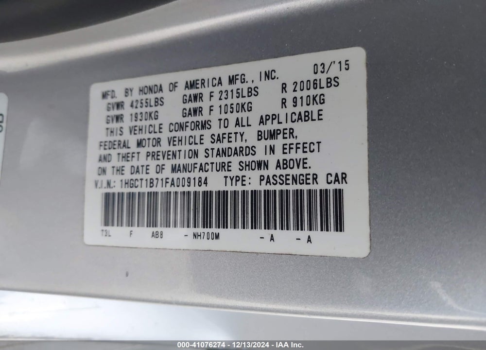 2015 HONDA ACCORD EX VIN: 1HGCT1B71FA009184