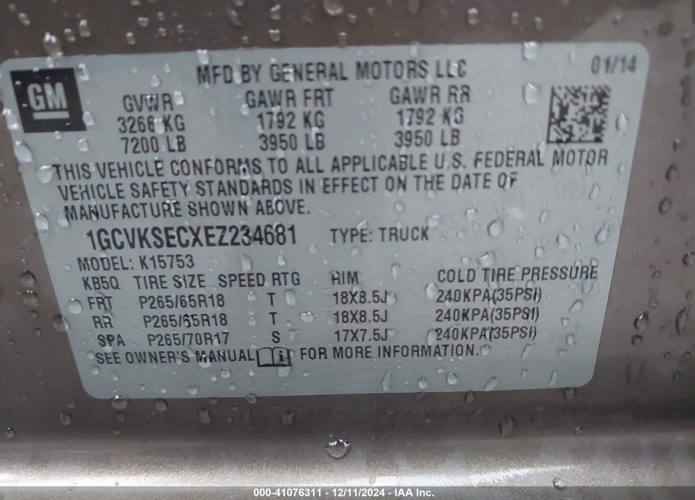 2014 CHEVROLET SILVERADO VIN: 1GCVKSECXEZ234681