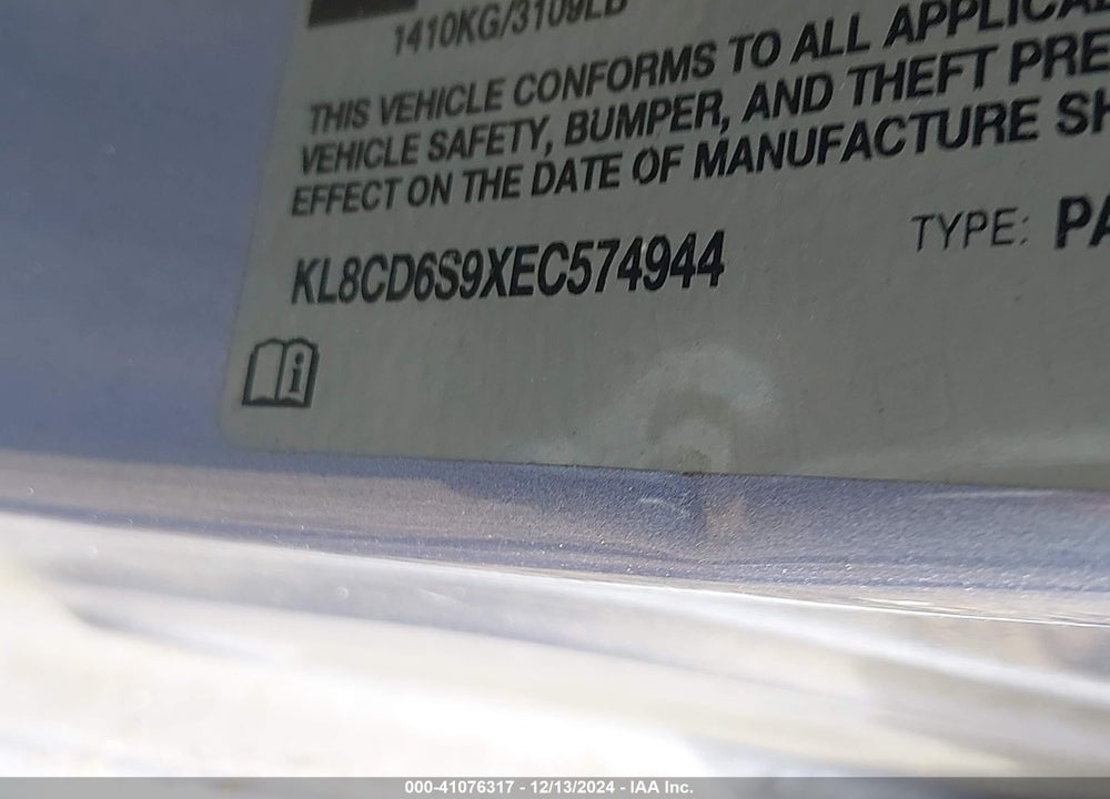 2014 CHEVROLET SPARK 1LT AUTO VIN: KL8CD6S9XEC574944