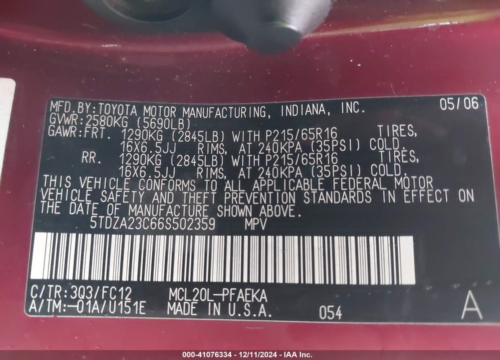 2006 TOYOTA SIENNA LE VIN: 5TDZA23C66S502359