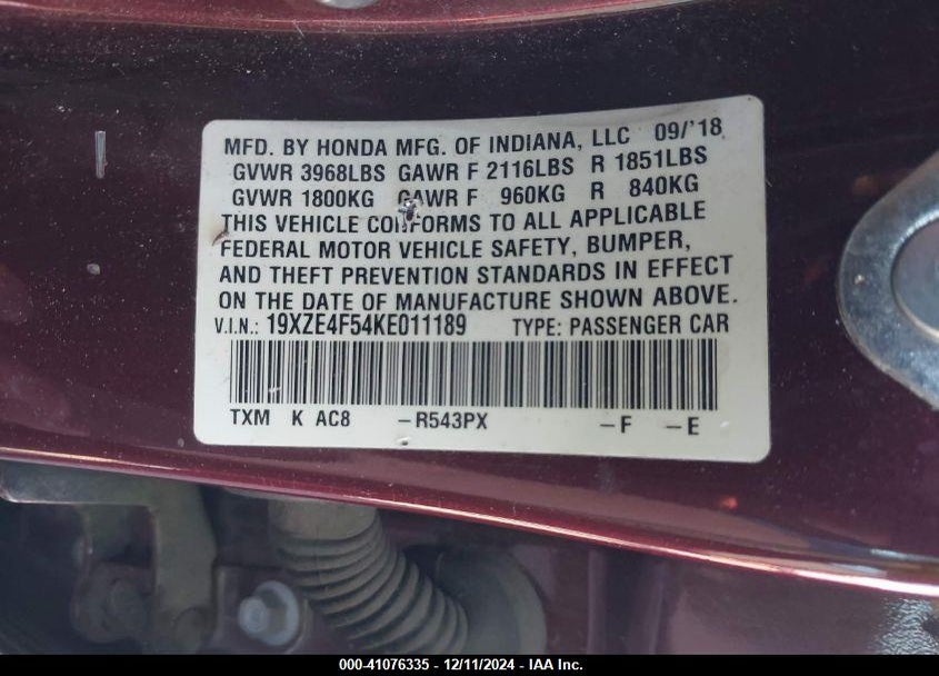 2019 HONDA INSIGHT VIN: 19XZE4F54KE011189