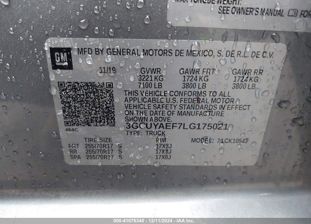 2020 CHEVROLET SILVERADO 1500 4WD SHORT BED WT VIN: 3GCUYAEF7LG175021