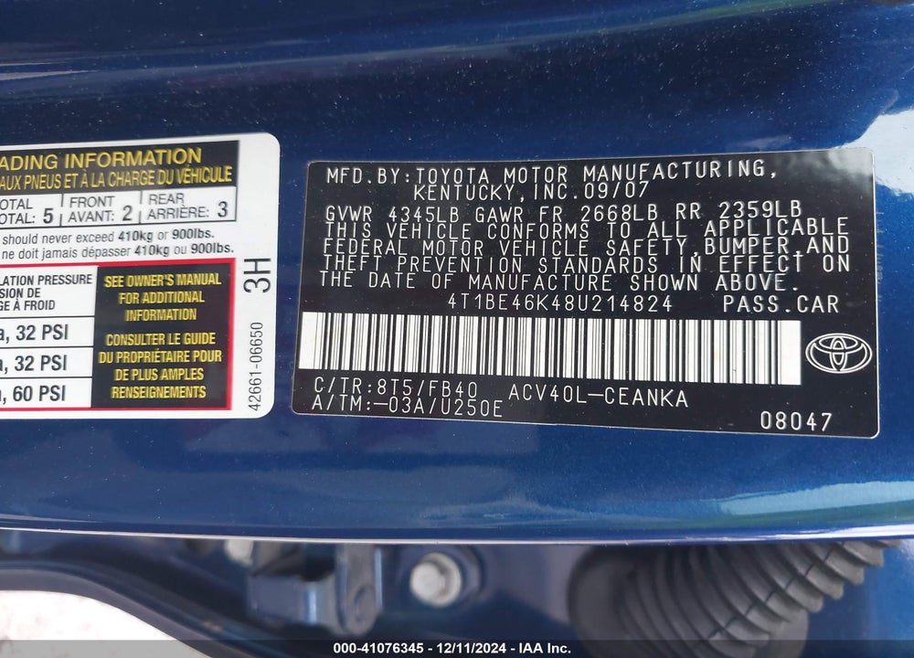 2008 TOYOTA CAMRY VIN: 4T1BE46K48U214824