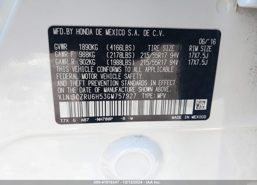 2016 HONDA HR-V EX VIN: 3CZRU6H53GM757927
