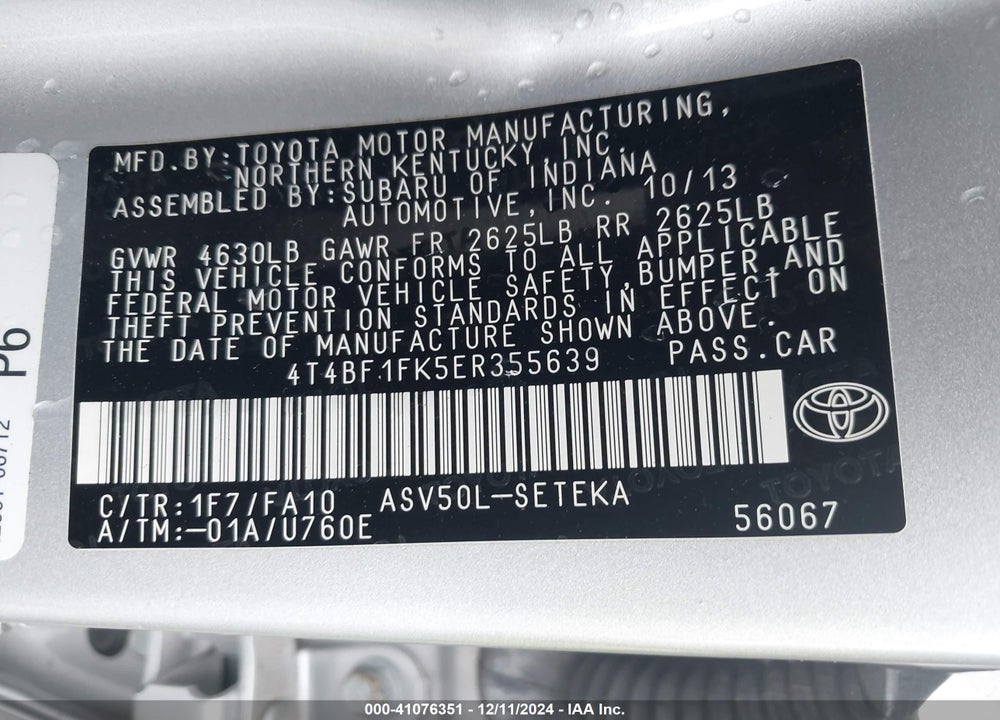 2014 TOYOTA CAMRY L VIN: 4T4BF1FK5ER355639