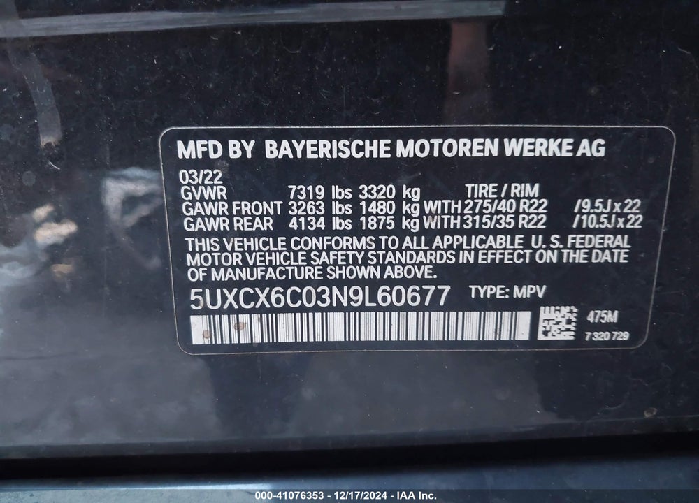 2022 BMW X7 M50I VIN: 5UXCX6C03N9L60677
