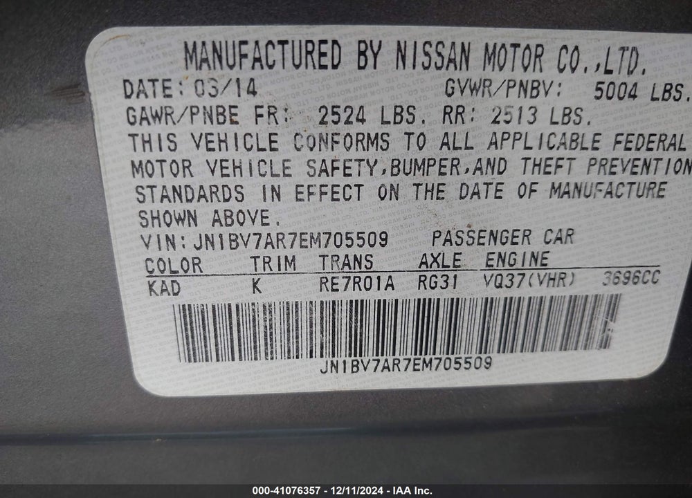 2014 INFINITI Q50 SPORT VIN: JN1BV7AR7EM705509