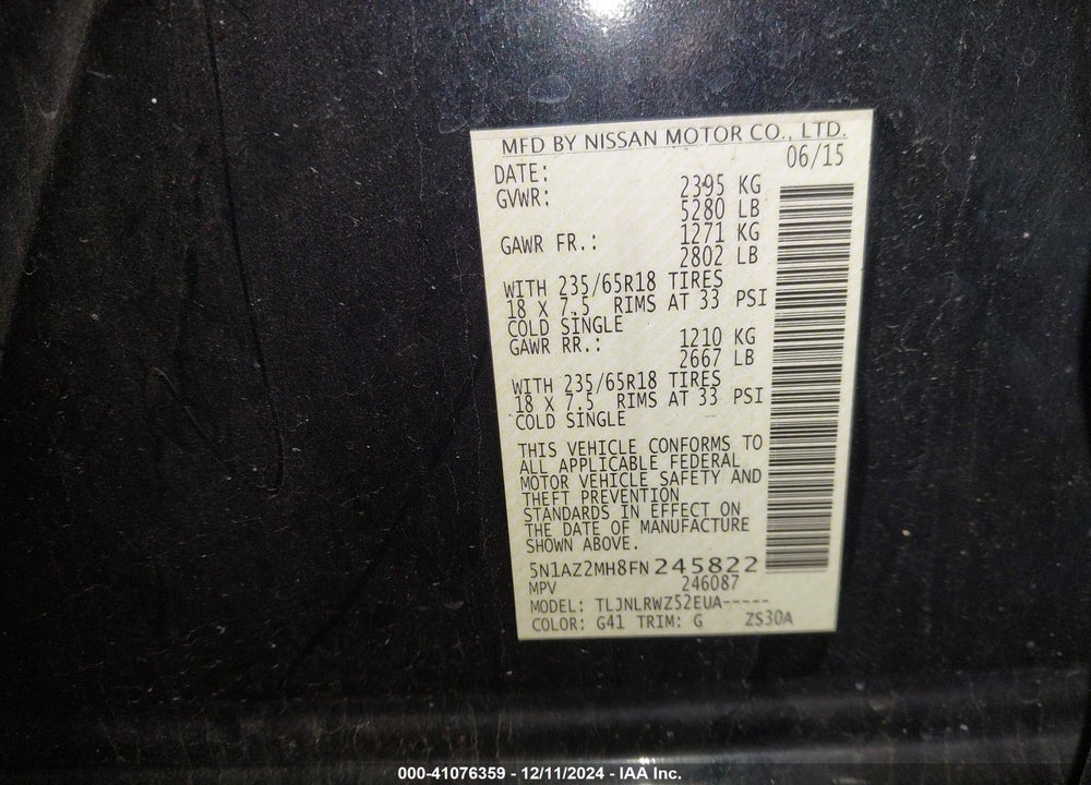 2015 NISSAN MURANO SL VIN: 5N1AZ2MH8FN245822