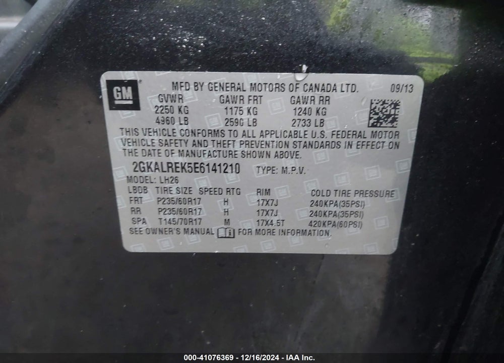 2014 GMC TERRAIN SLE-2 VIN: 2GKALREK5E6141210