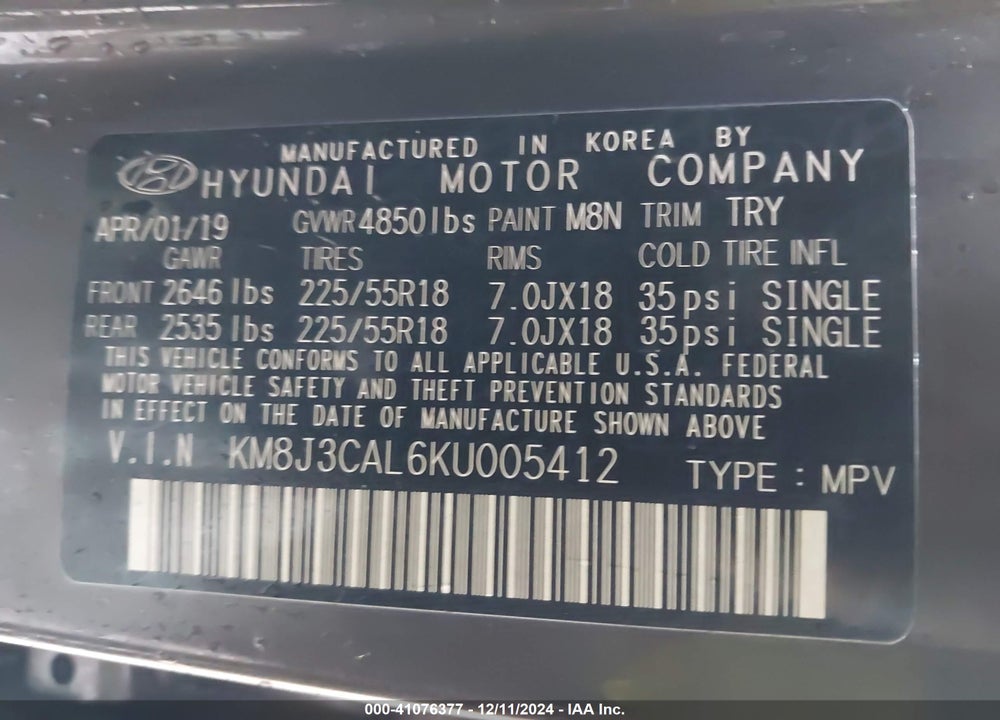 2019 HYUNDAI TUCSON ULTIMATE VIN: KM8J3CAL6KU005412