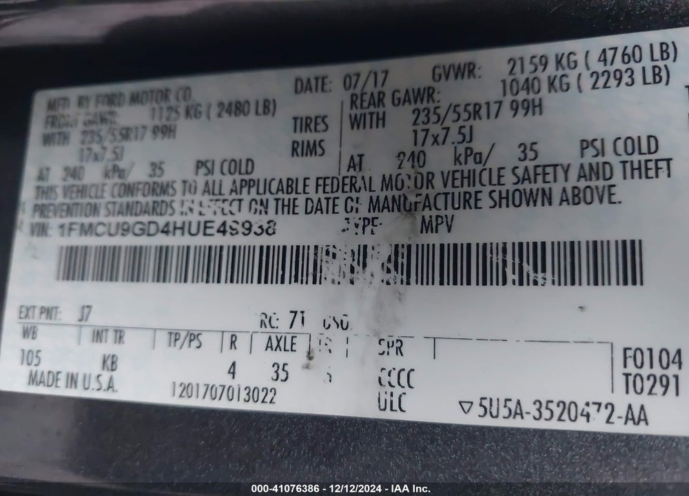 2017 FORD ESCAPE SE VIN: 1FMCU9GD4HUE49938