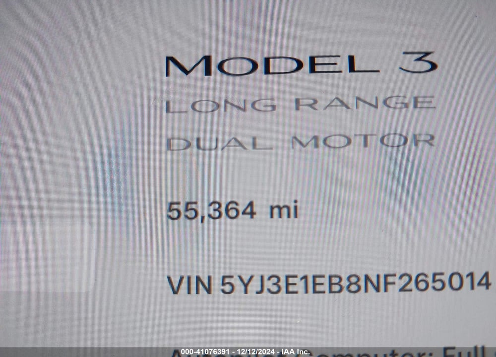 2022 TESLA MODEL 3 LONG RANGE DUAL MOTOR ALL-WHEEL DRIVE VIN: 5YJ3E1EB8NF265014