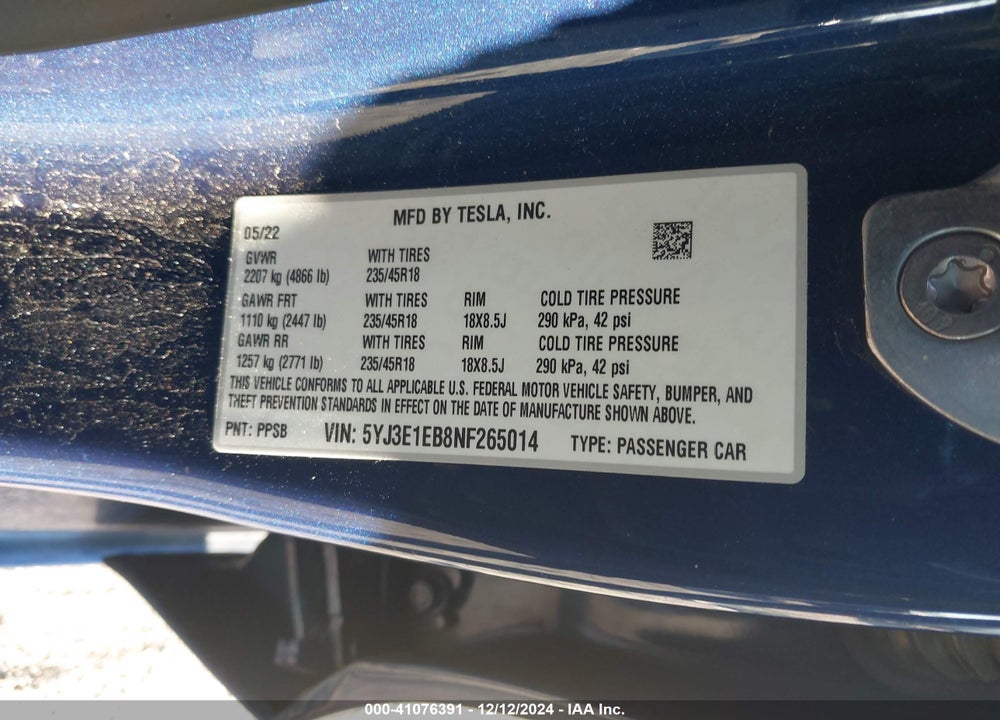 2022 TESLA MODEL 3 LONG RANGE DUAL MOTOR ALL-WHEEL DRIVE VIN: 5YJ3E1EB8NF265014