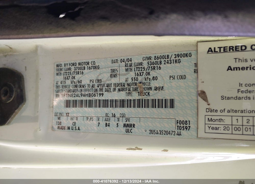 2004 FORD E-250 COMMERCIAL/RECREATIONAL VIN: 1FTNE24L94HB06199