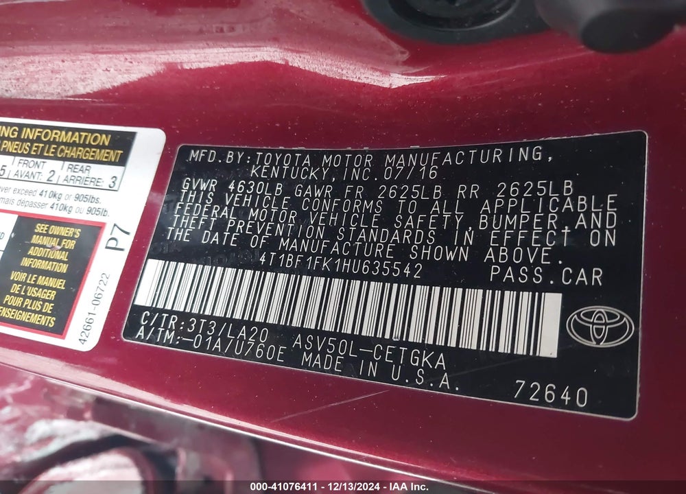2017 TOYOTA CAMRY XLE VIN: 4T1BF1FK1HU635542