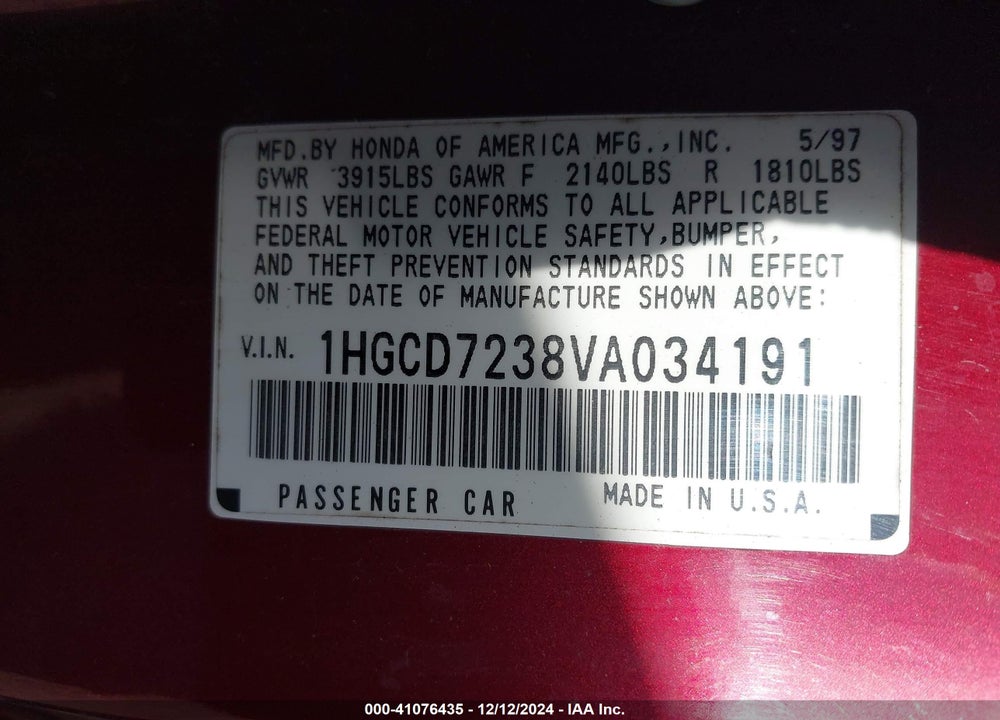 1997 HONDA ACCORD LX VIN: 1HGCD7238VA034191