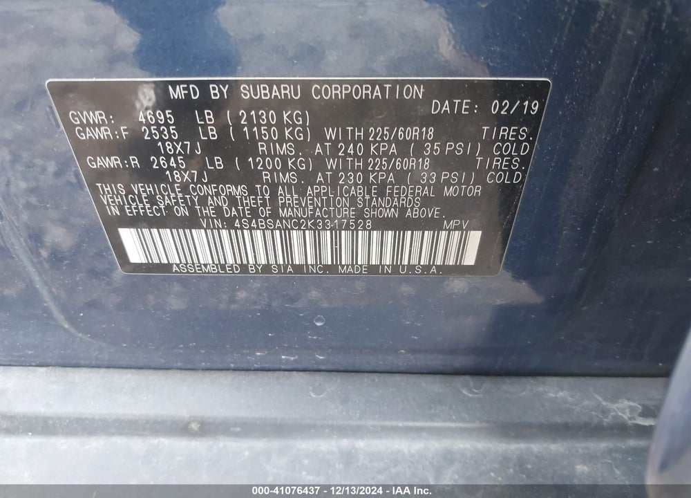 2019 SUBARU OUTBACK 2.5I LIMITED VIN: 4S4BSANC2K3317528